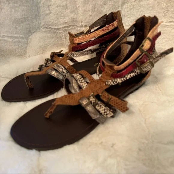 Bamboo Leather Strappy Gladiator T-Strap Sandals. Size 7.5. Snake print NEW - Picture 3 of 15
